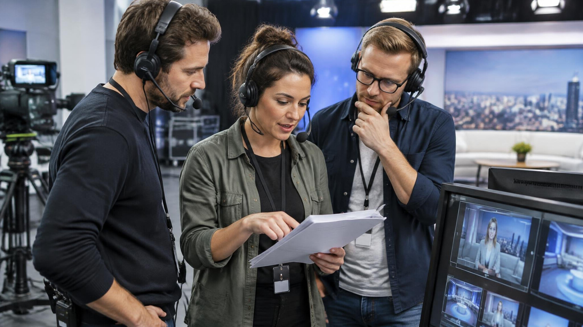 Media production team working together in a television studio