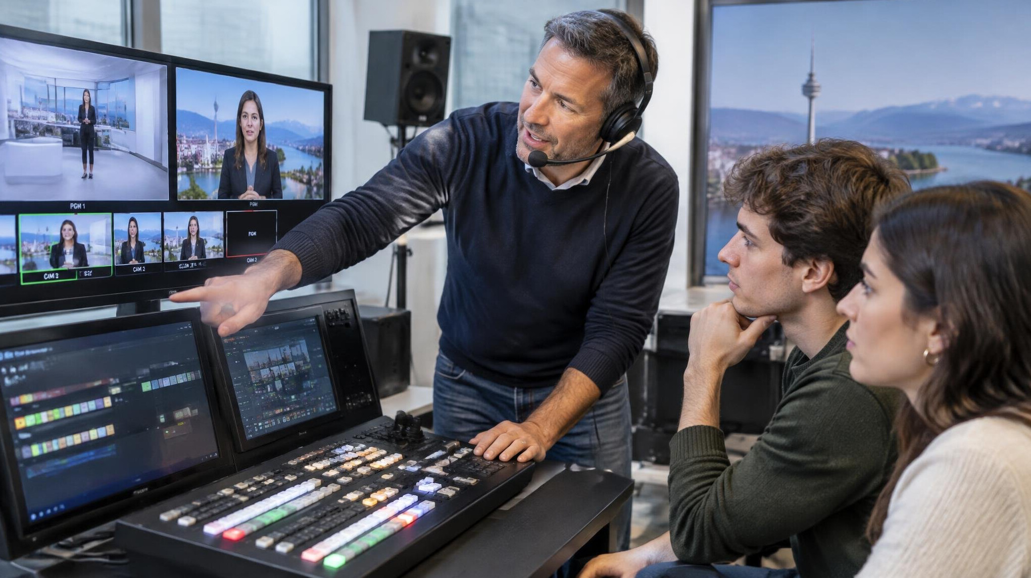 Instructor training students on video production equipment