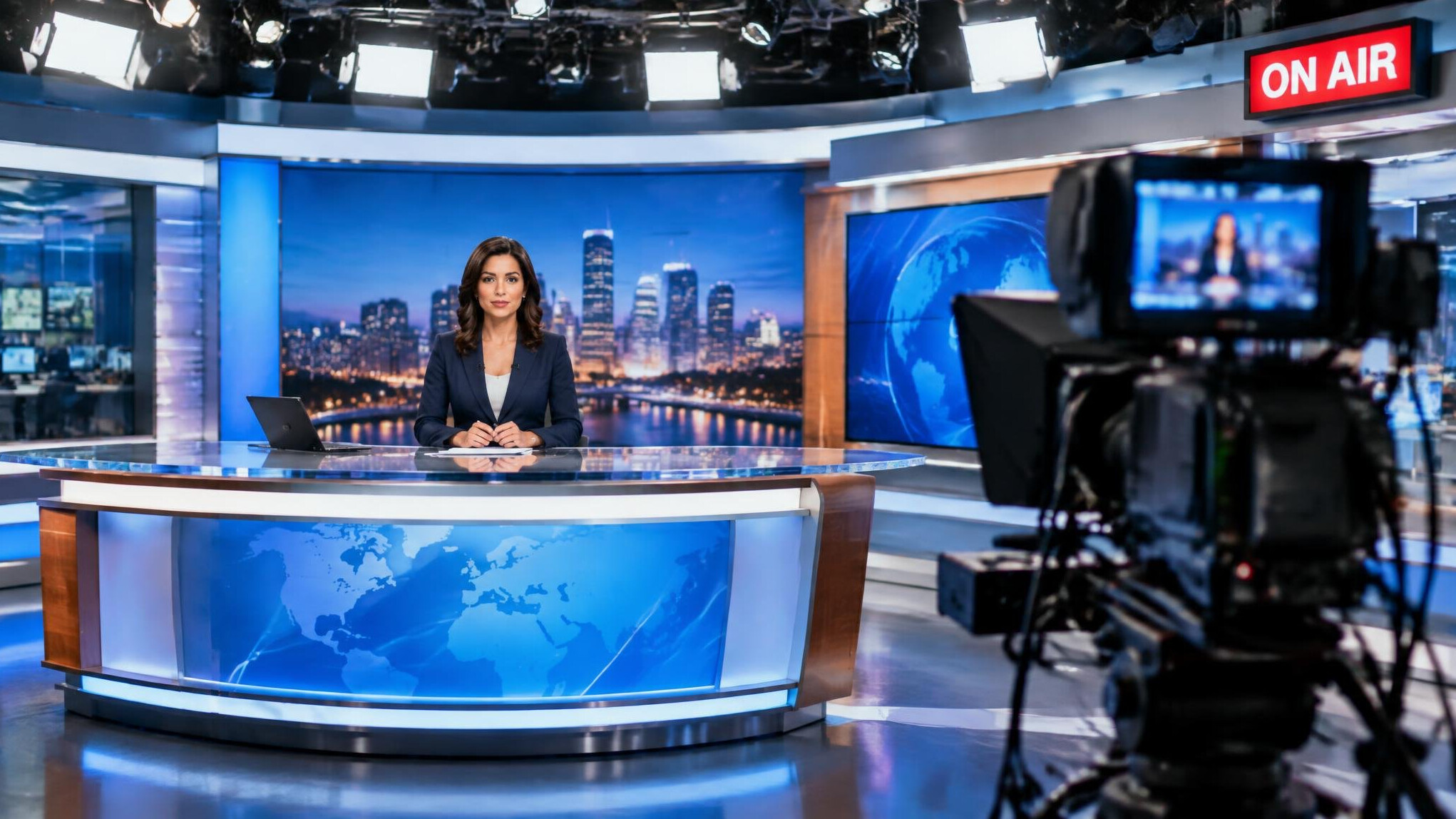 Live television news studio during broadcast